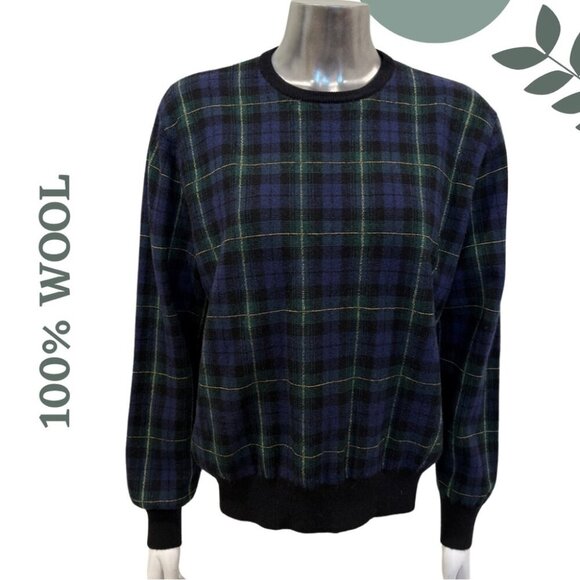 100% Wool Plaid Crewneck Sweater | Navy & Green | Classic Look | Size Large - Picture 1 of 7